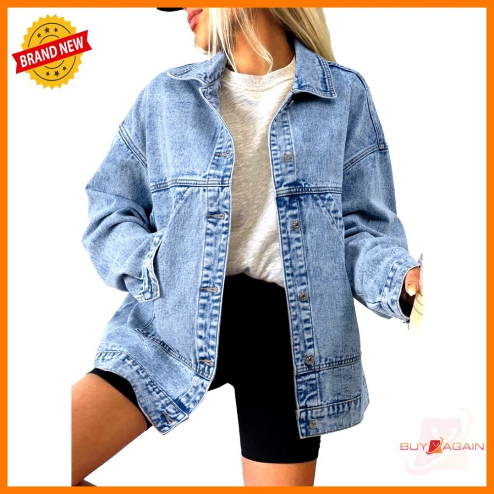 Denim Jacket Classic Drop Shoulder Button Front Casual Long Sleeve Pockets